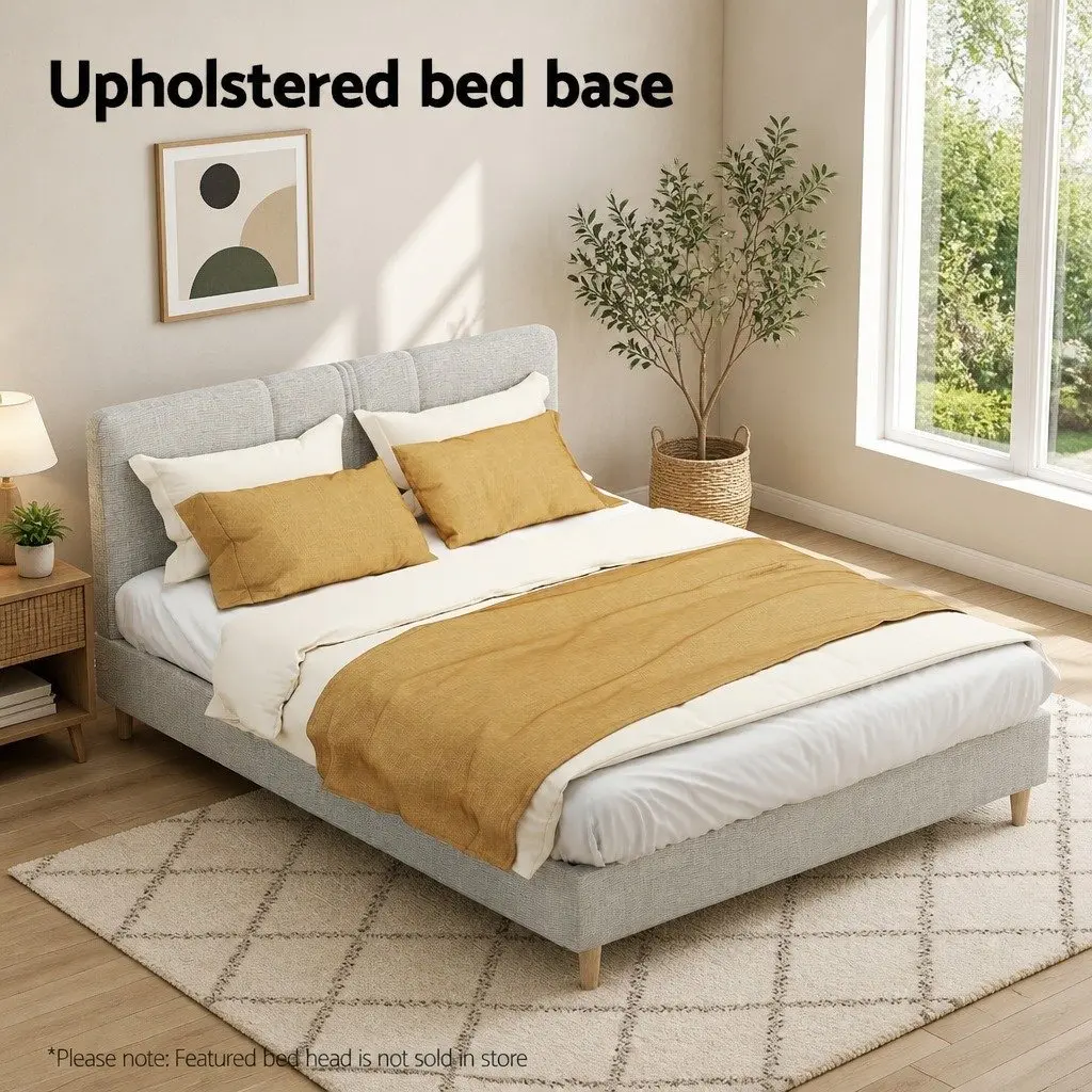 Queen Bed Frame Upholstered Faux Linen Beige Solid Wood Wooden Slat Base