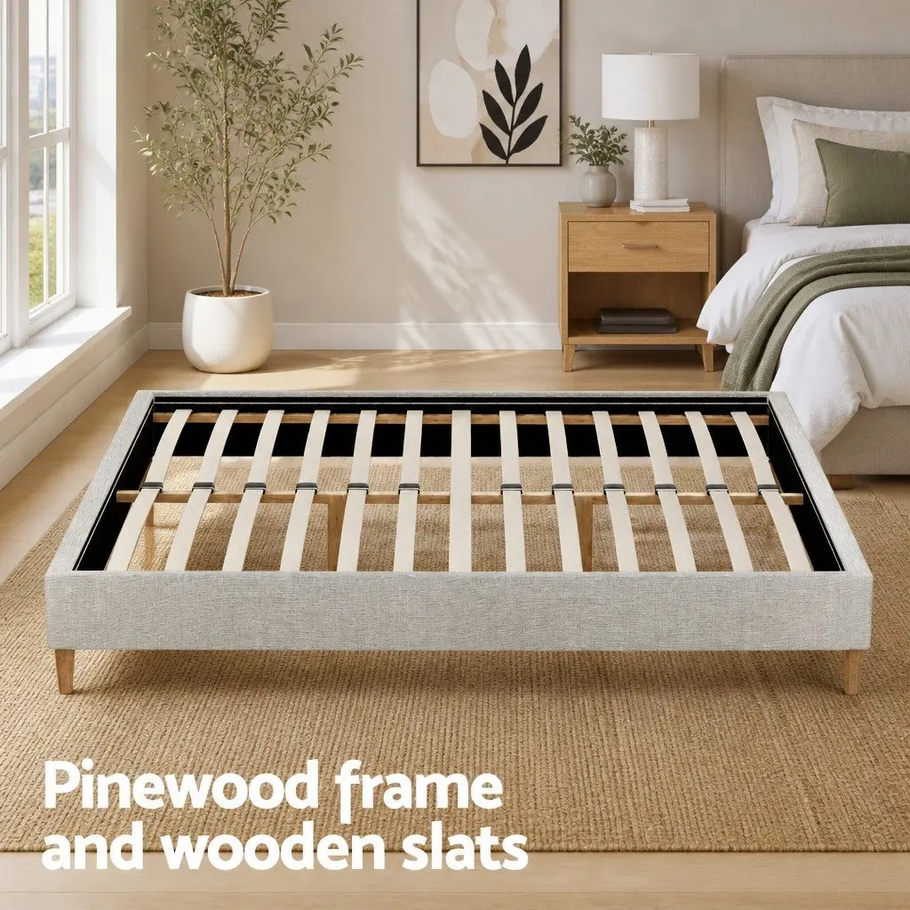 Queen Bed Frame Upholstered Faux Linen Beige Solid Wood Wooden Slat Base