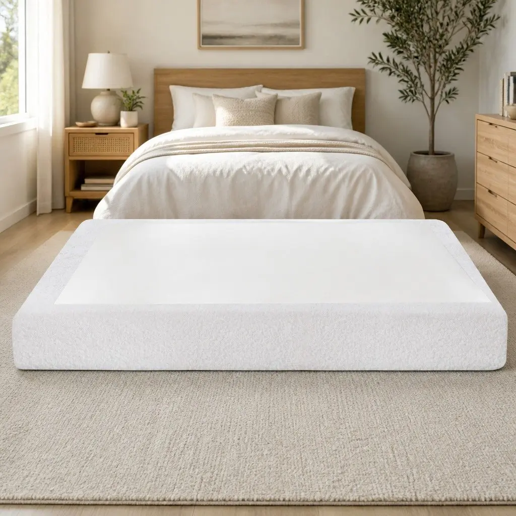 Queen Size Bed Frame Foam Construction Boucle Fabric White Tool Free Setup Vacuum Packed