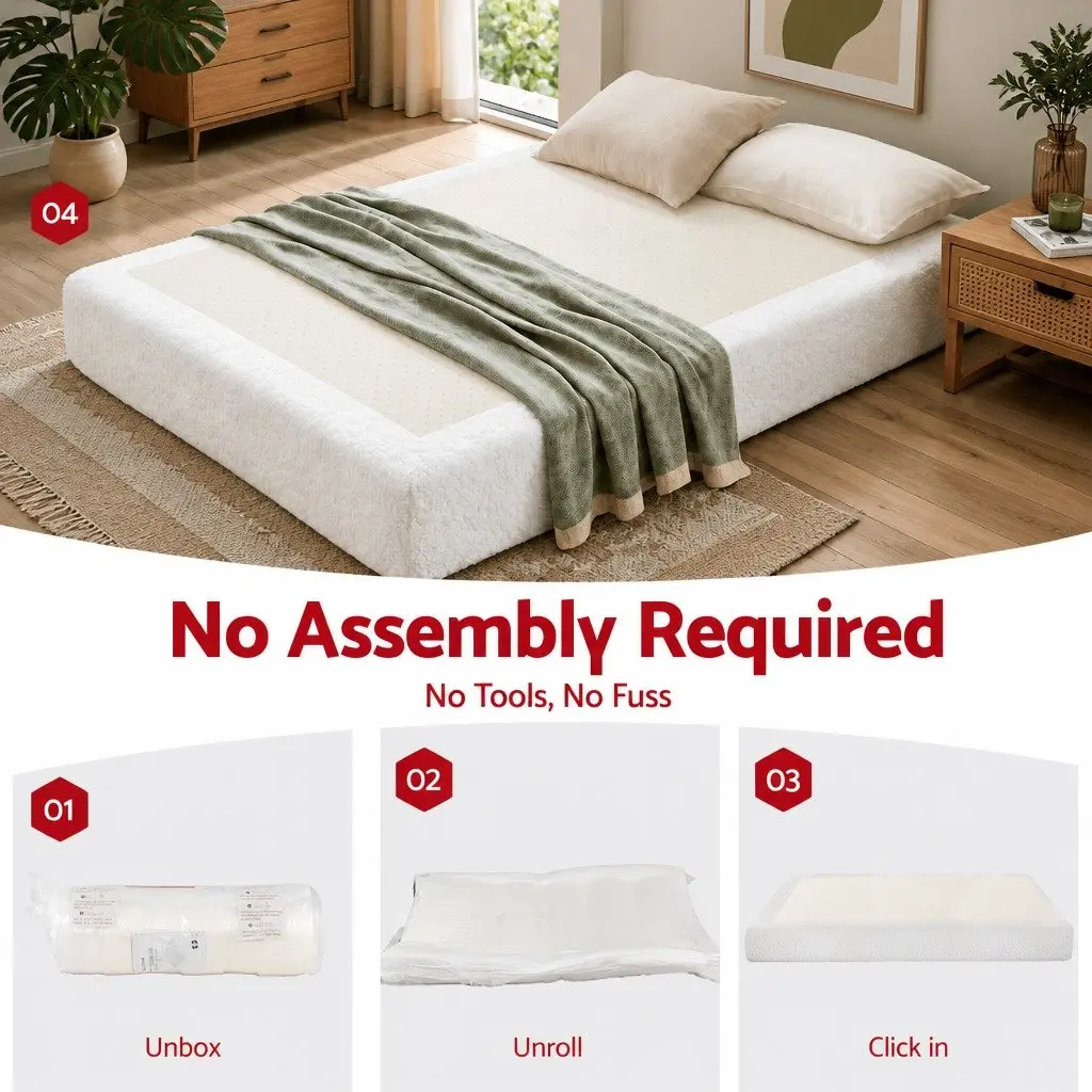 Queen Size Bed Frame Foam Construction Boucle Fabric White Tool Free Setup Vacuum Packed