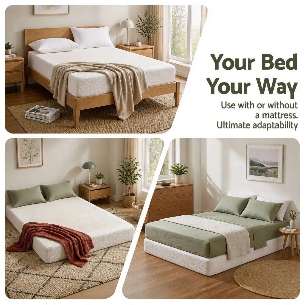 Queen Size Bed Frame Foam Construction Boucle Fabric White Tool Free Setup Vacuum Packed