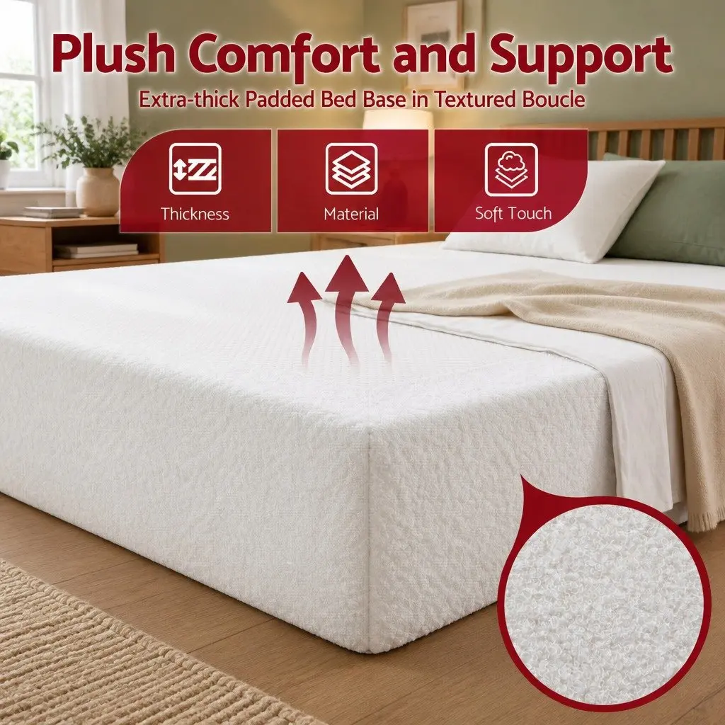 Queen Size Bed Frame Foam Construction Boucle Fabric White Tool Free Setup Vacuum Packed