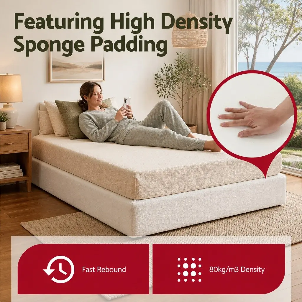 Queen Size Bed Frame Foam Construction Boucle Fabric White Tool Free Setup Vacuum Packed