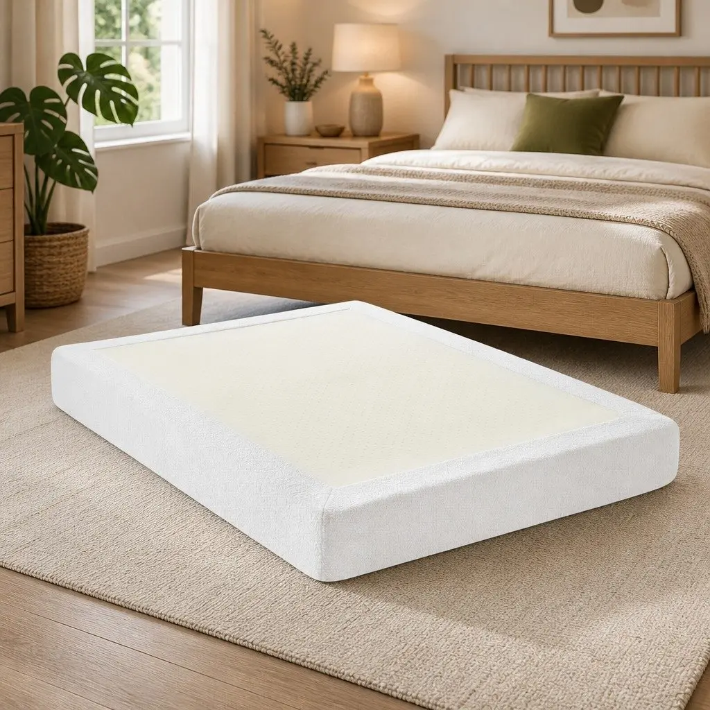 Queen Size Bed Frame Foam Construction Boucle Fabric White Tool Free Setup Vacuum Packed