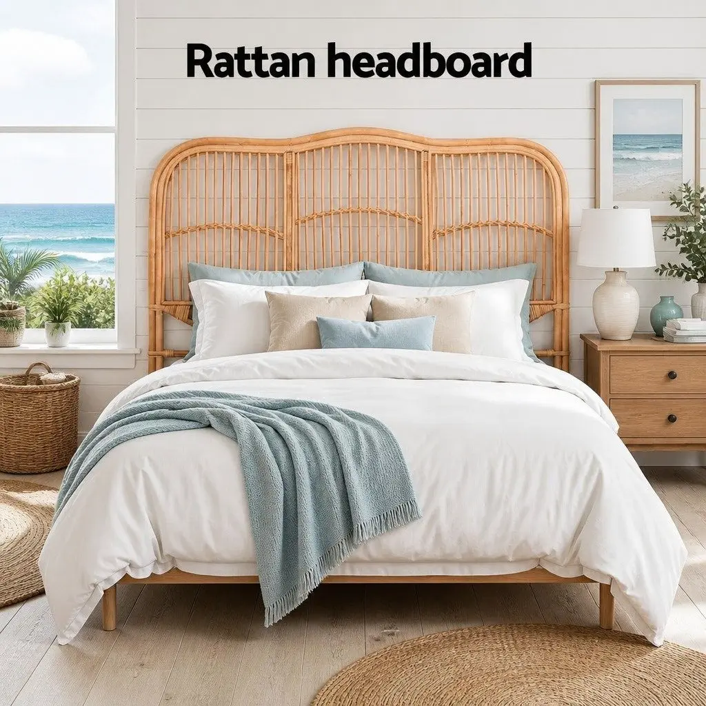 Double Bed Headboard Rattan Natural Pine Bedroom Head Frame Easy Assemble
