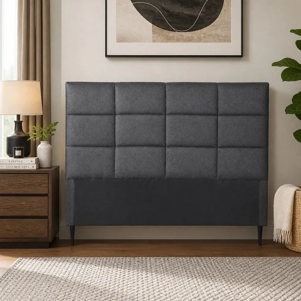 Double Bed Headboard Linen Fabric Grid Tufted Pattern Charcoal 137cm