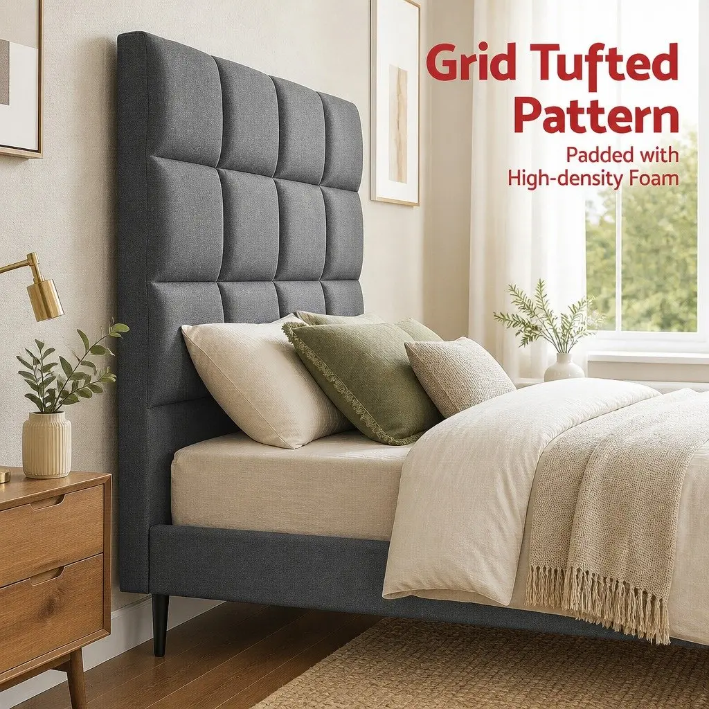 Double Bed Headboard Linen Fabric Grid Tufted Pattern Charcoal 137cm