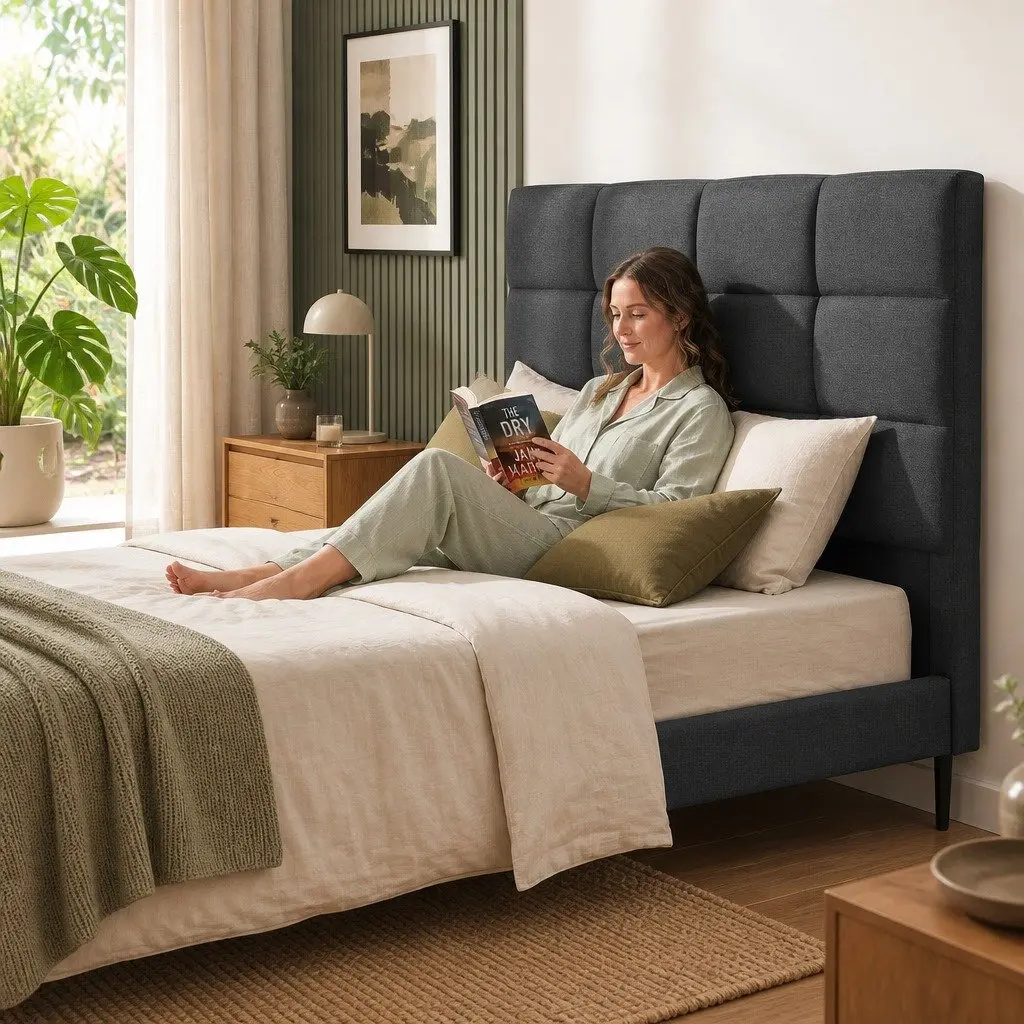 Double Bed Headboard Linen Fabric Grid Tufted Pattern Charcoal 137cm