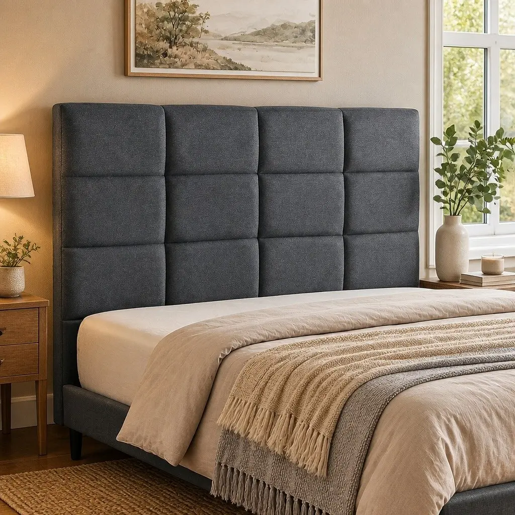 Double Bed Headboard Linen Fabric Grid Tufted Pattern Charcoal 137cm