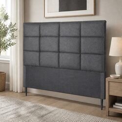 Queen Bed Headboard Linen Fabric Grid Tufted Pattern Charcoal Bedroom