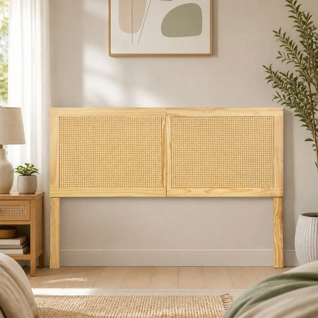 Double Bed Headboard Rustic Boho Natural Pine Rattan Construction for Bedroom Furniture