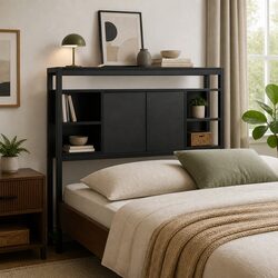 King Single Bed Headboard with Storage Compartment Charging Station Black
