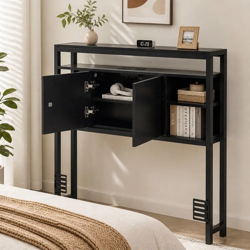 King Single Headboard Black with Integrated Charging Station and Storage Compartment