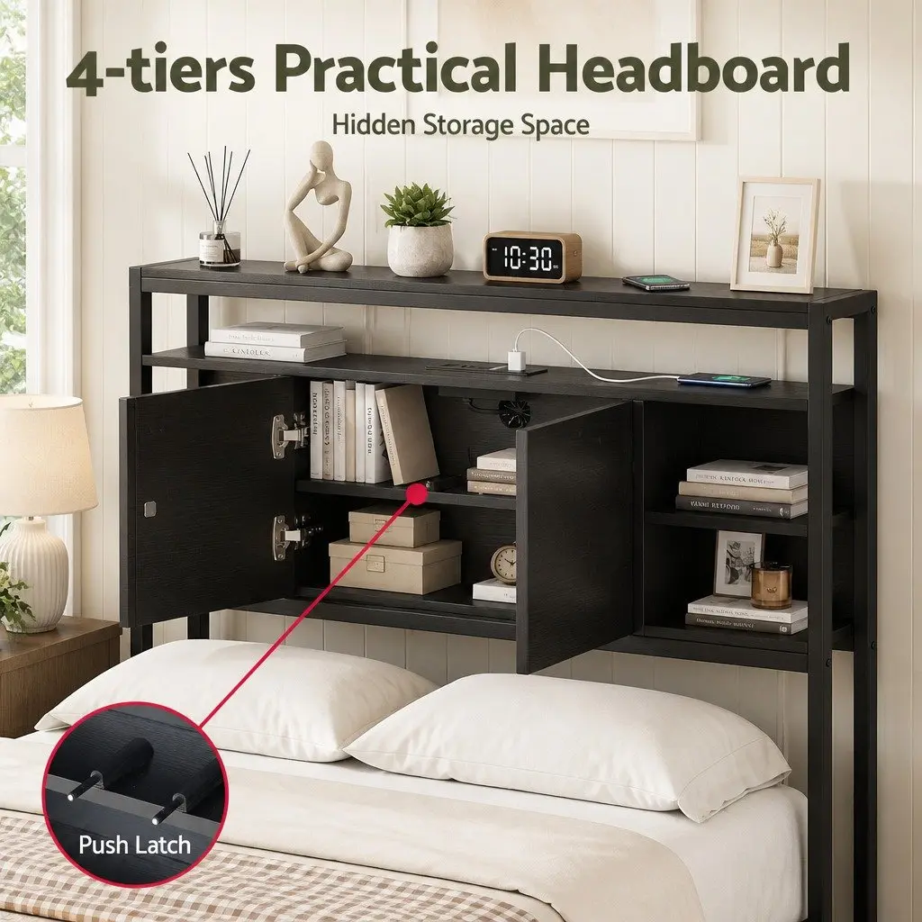 King Single Headboard Black with Integrated Charging Station and Storage Compartment