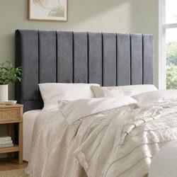 Double Bed Headboard Grey Velvet Art Deco Vertical Lines High Density Foam