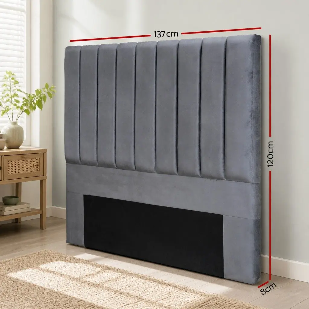 Double Bed Head Velvet Grey Upholstered Vertical Panel