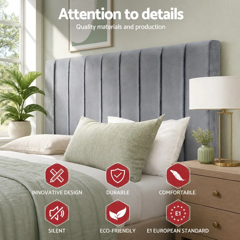 Double Bed Head Velvet Grey Upholstered Vertical Panel
