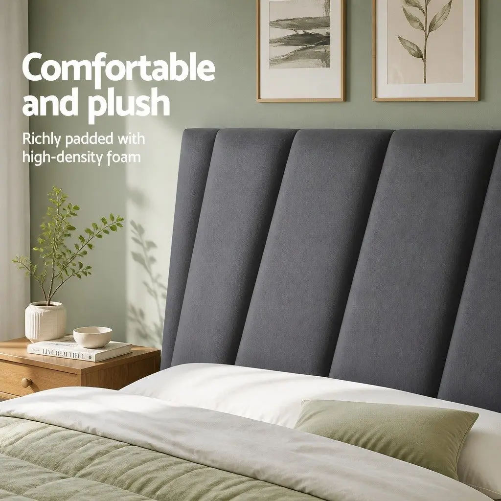 Double Bed Head Velvet Grey Upholstered Vertical Panel