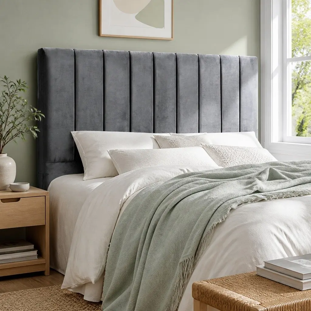 Double Bed Head Velvet Grey Upholstered Vertical Panel