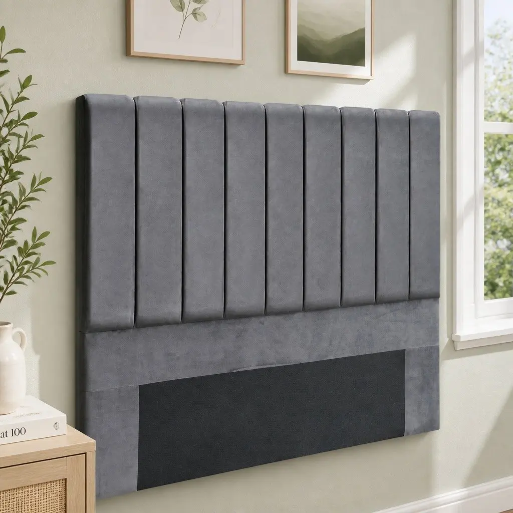 Double Bed Head Velvet Grey Upholstered Vertical Panel