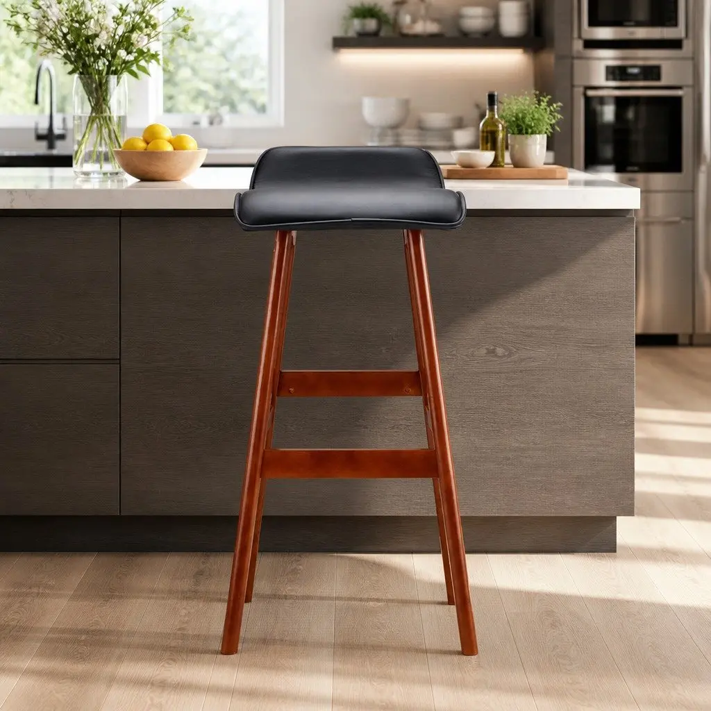 Bar Stools Bentwood Set of 2 Black PU Leather Upholstered Kitchen Dining Seating with Footrest