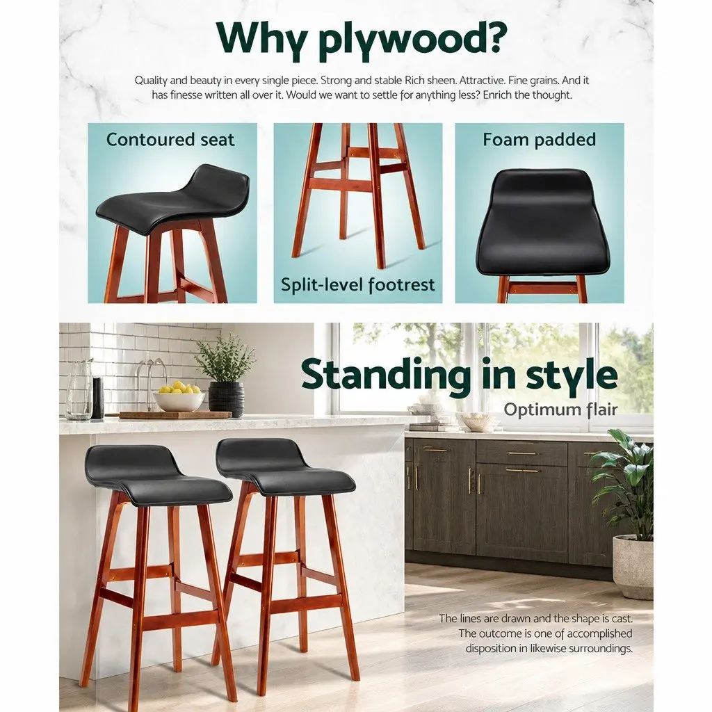Bar Stools Bentwood Set of 2 Black PU Leather Upholstered Kitchen Dining Seating with Footrest