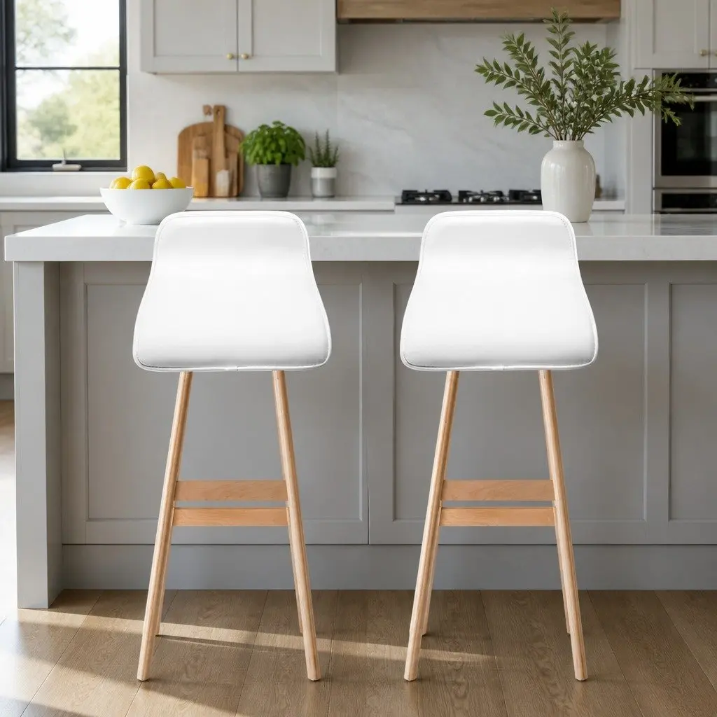 Bar Stools Bentwood Plywood Frame PU Leather Upholstered Padded Seat White Set of 2