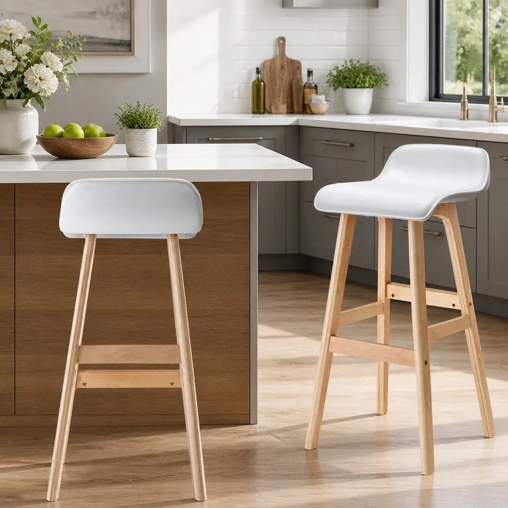 Bar Stools Bentwood Plywood Frame PU Leather Upholstered Padded Seat White Set of 2