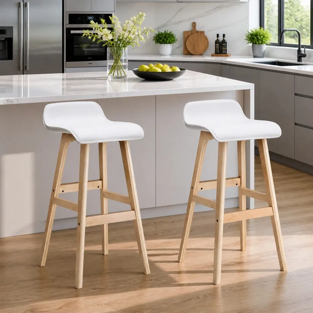 Bar Stools Bentwood Plywood Frame PU Leather Upholstered Padded Seat White Set of 2
