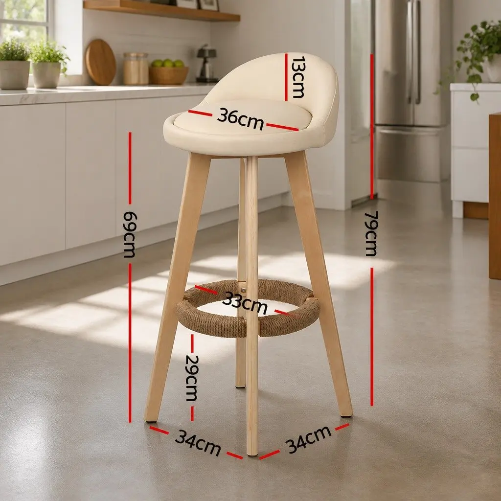 Bar Stools Wooden Padded PU Leather Beige 360 Degree Swivel Footrest Low Backrest