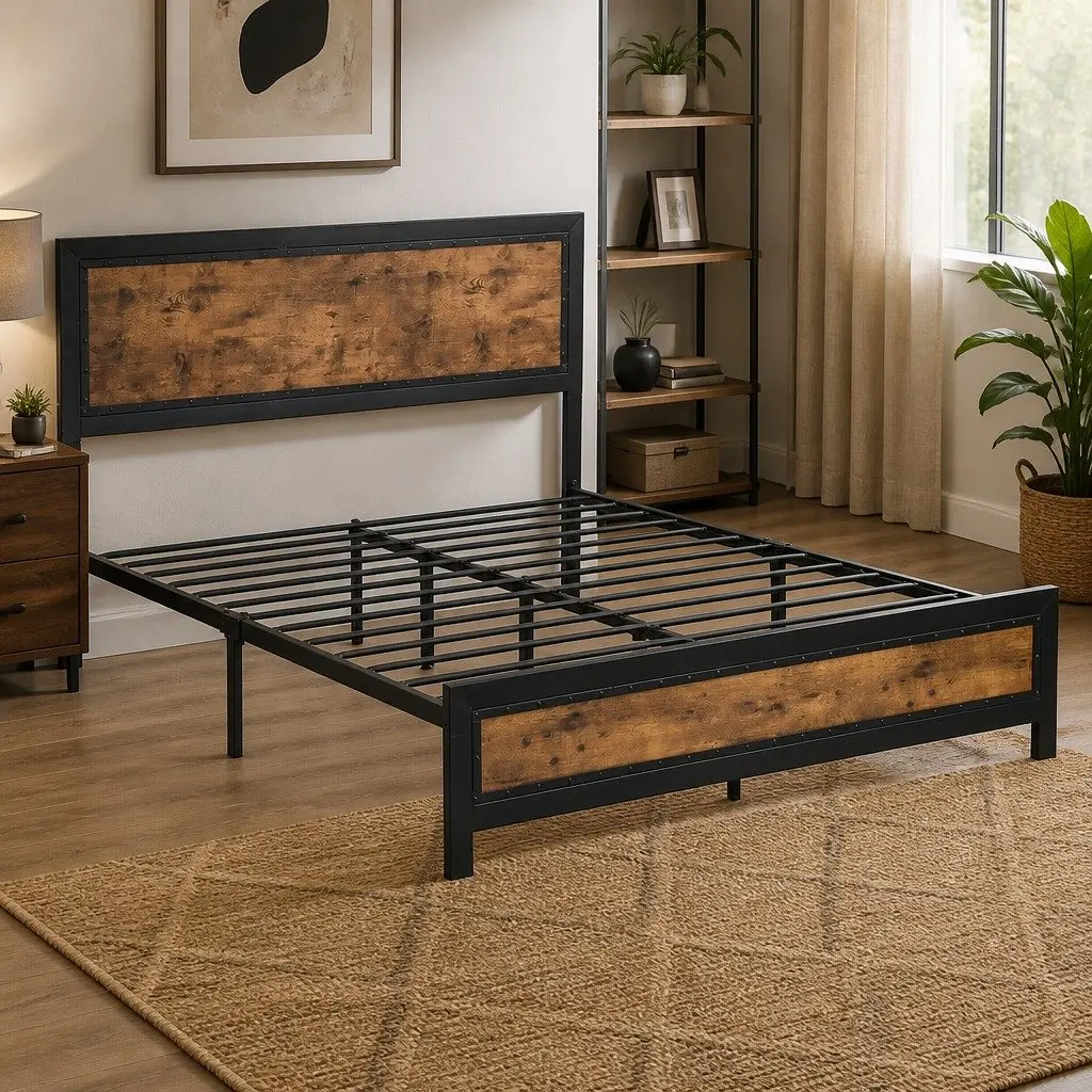 Metal Bed Frame Steel Queen Size Brown Platform Mattress Base