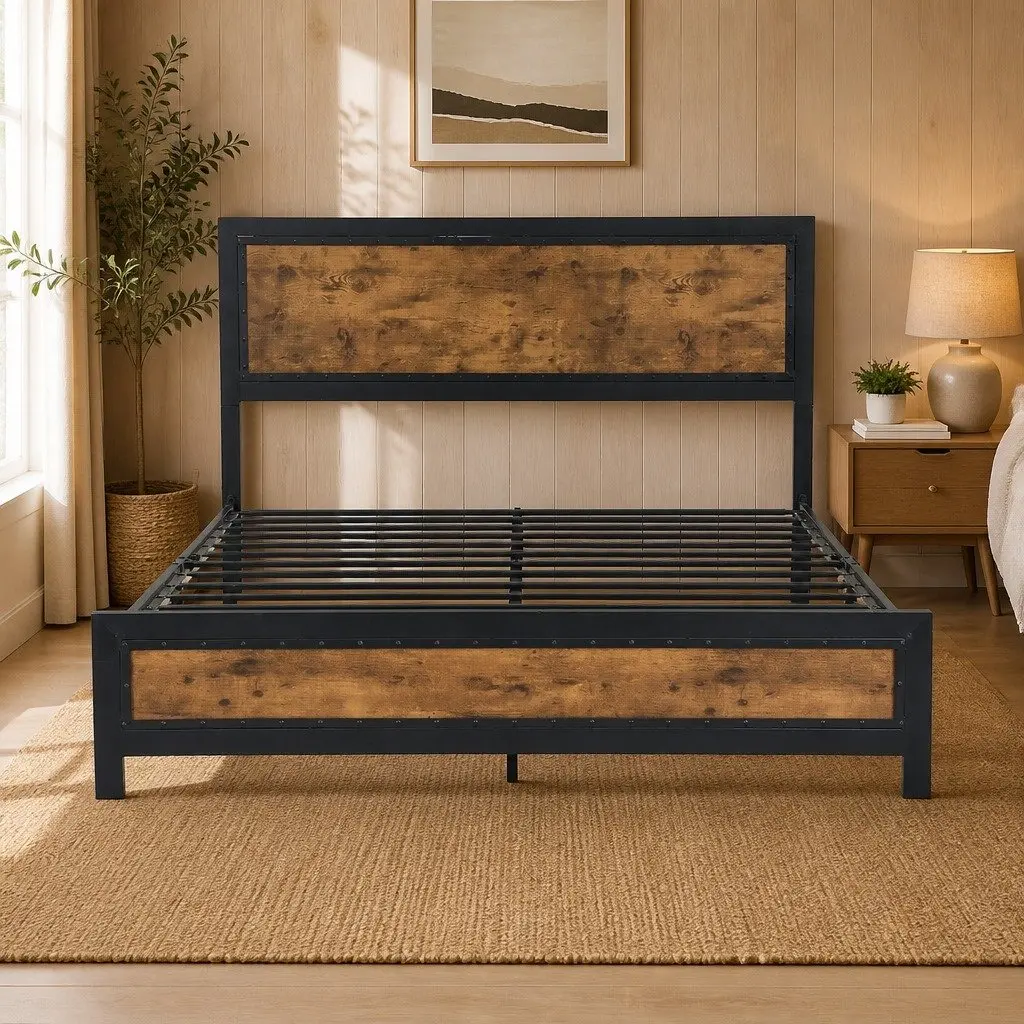 Metal Bed Frame Steel Queen Size Brown Platform Mattress Base