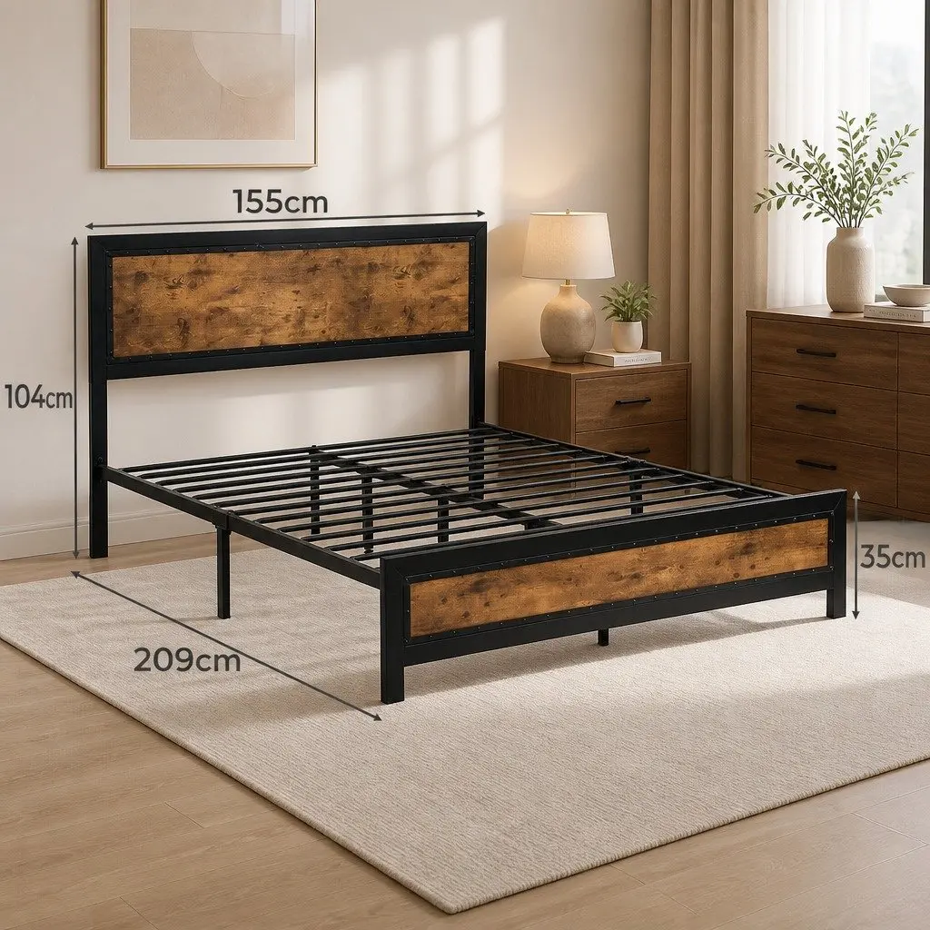 Metal Bed Frame Steel Queen Size Brown Platform Mattress Base