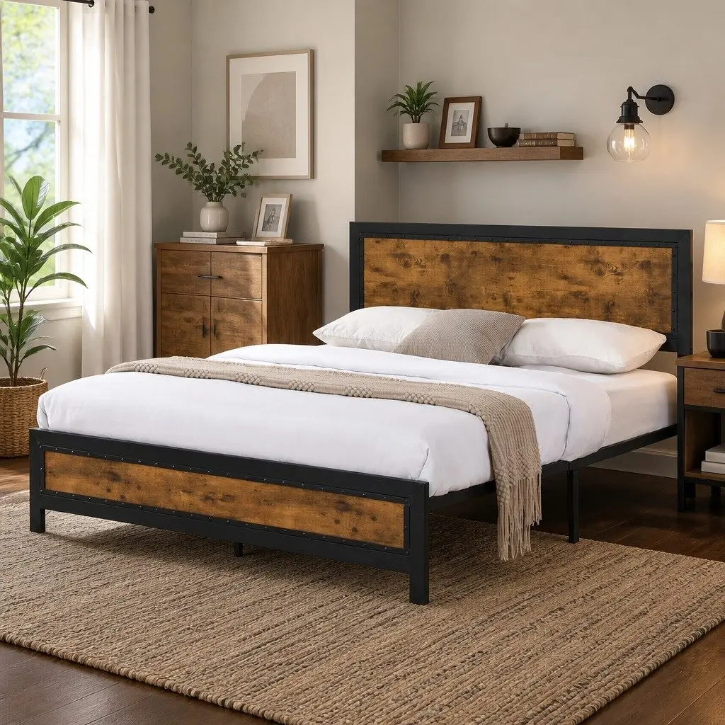 Metal Bed Frame Steel Queen Size Brown Platform Mattress Base