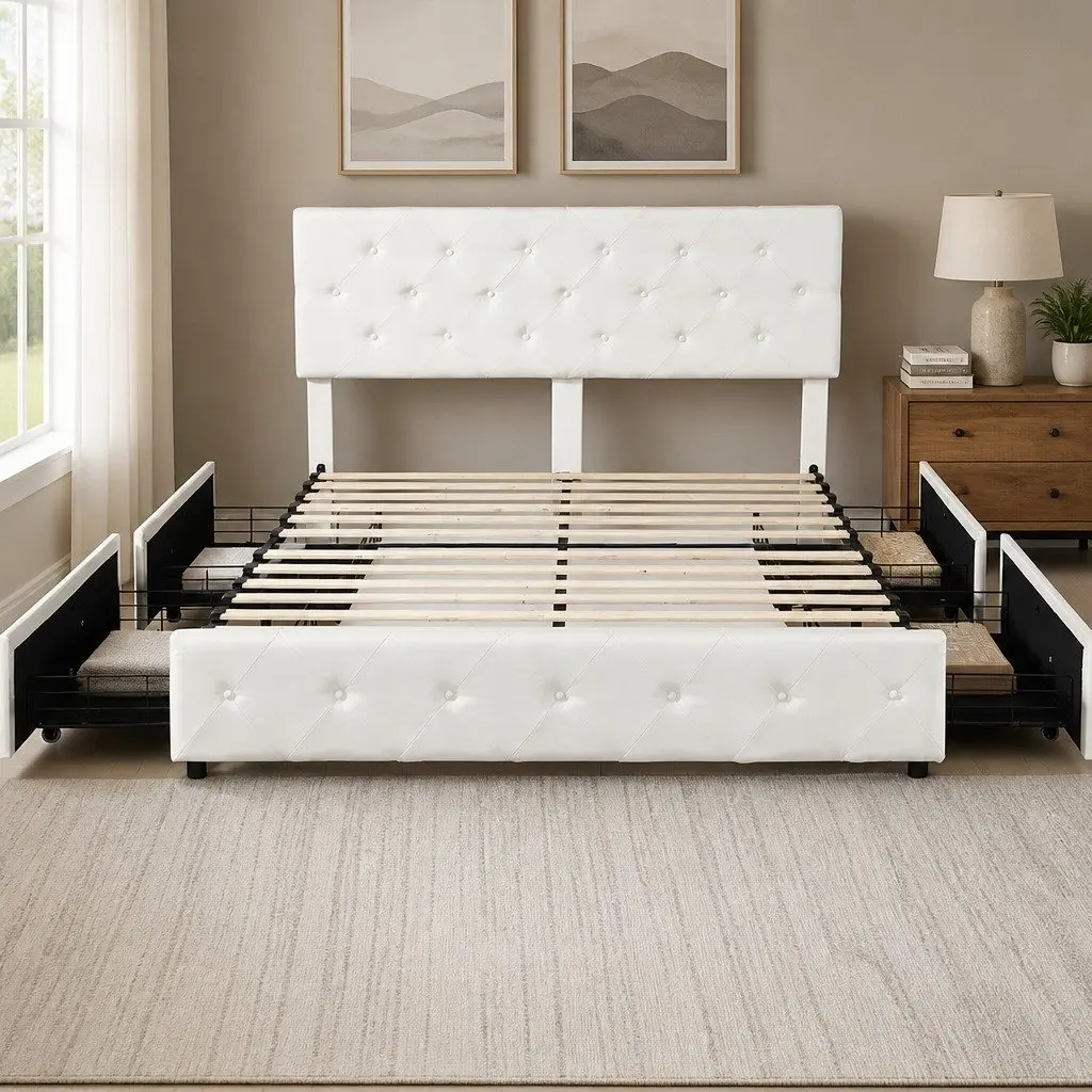 Queen Bed Frame Plywood Steel Polyester Fabric Cream with 4 Storage Drawers Tufted Headboard