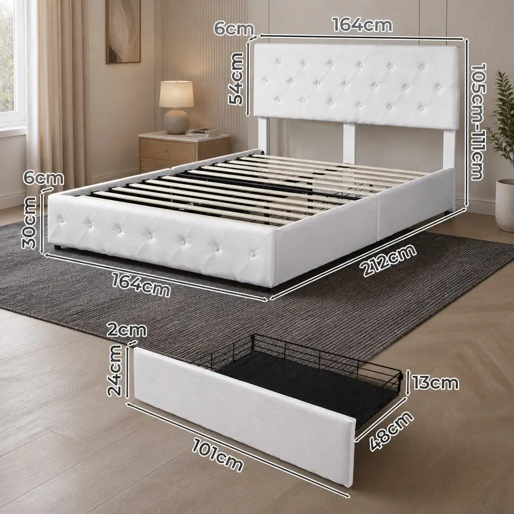 Queen Bed Frame Plywood Steel Polyester Fabric Cream with 4 Storage Drawers Tufted Headboard