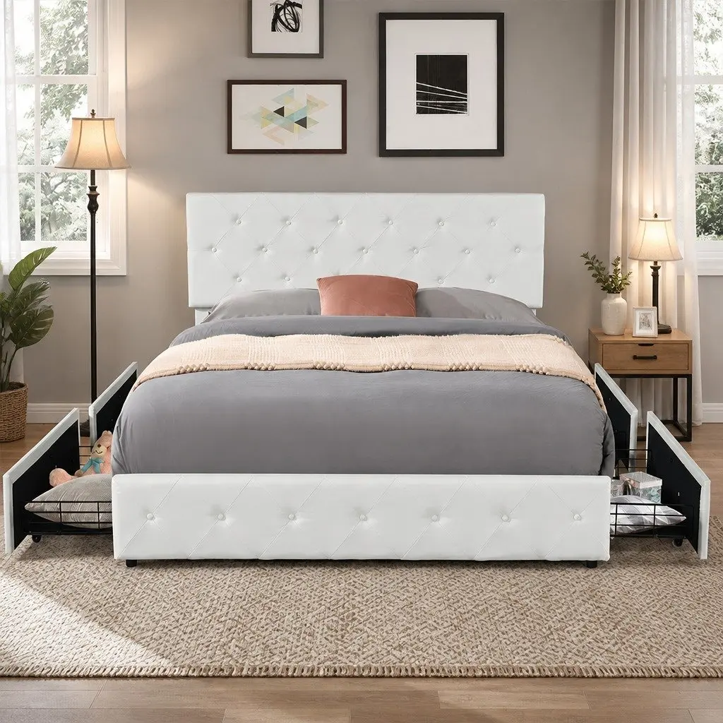 Queen Bed Frame Plywood Steel Polyester Fabric Cream with 4 Storage Drawers Tufted Headboard