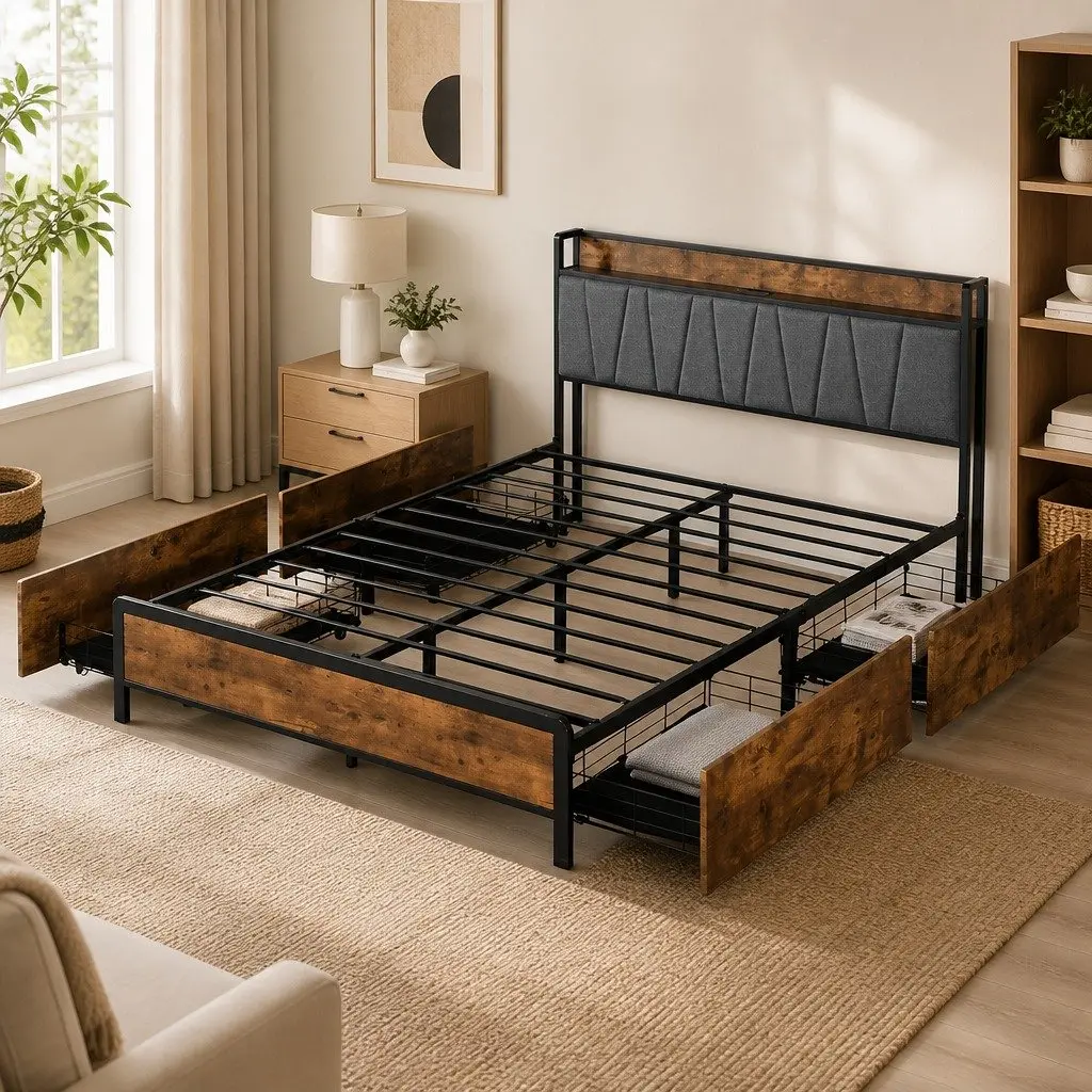 Queen Bed Frame with Storage & Charging Options