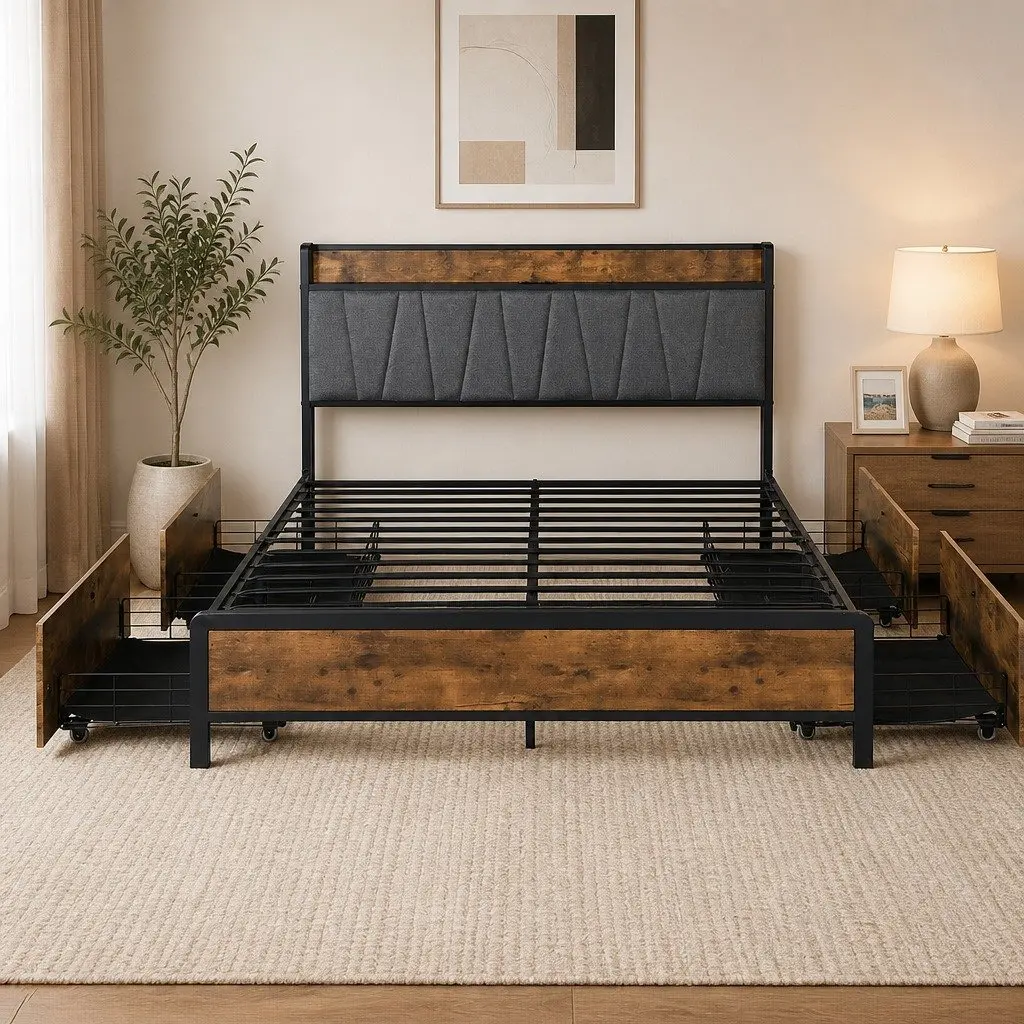 Queen Bed Frame with Storage & Charging Options
