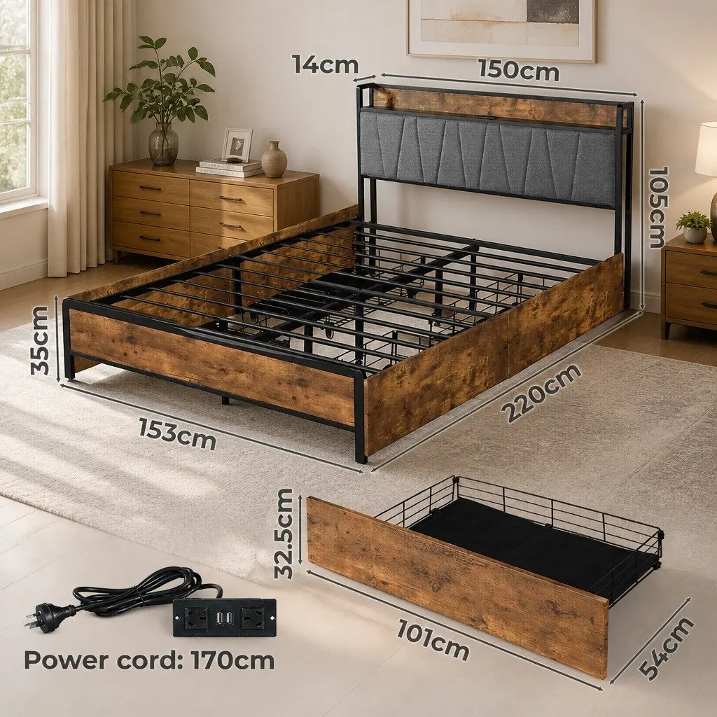 Queen Bed Frame with Storage & Charging Options