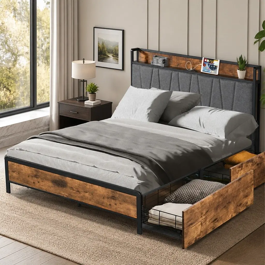 Queen Bed Frame with Storage & Charging Options