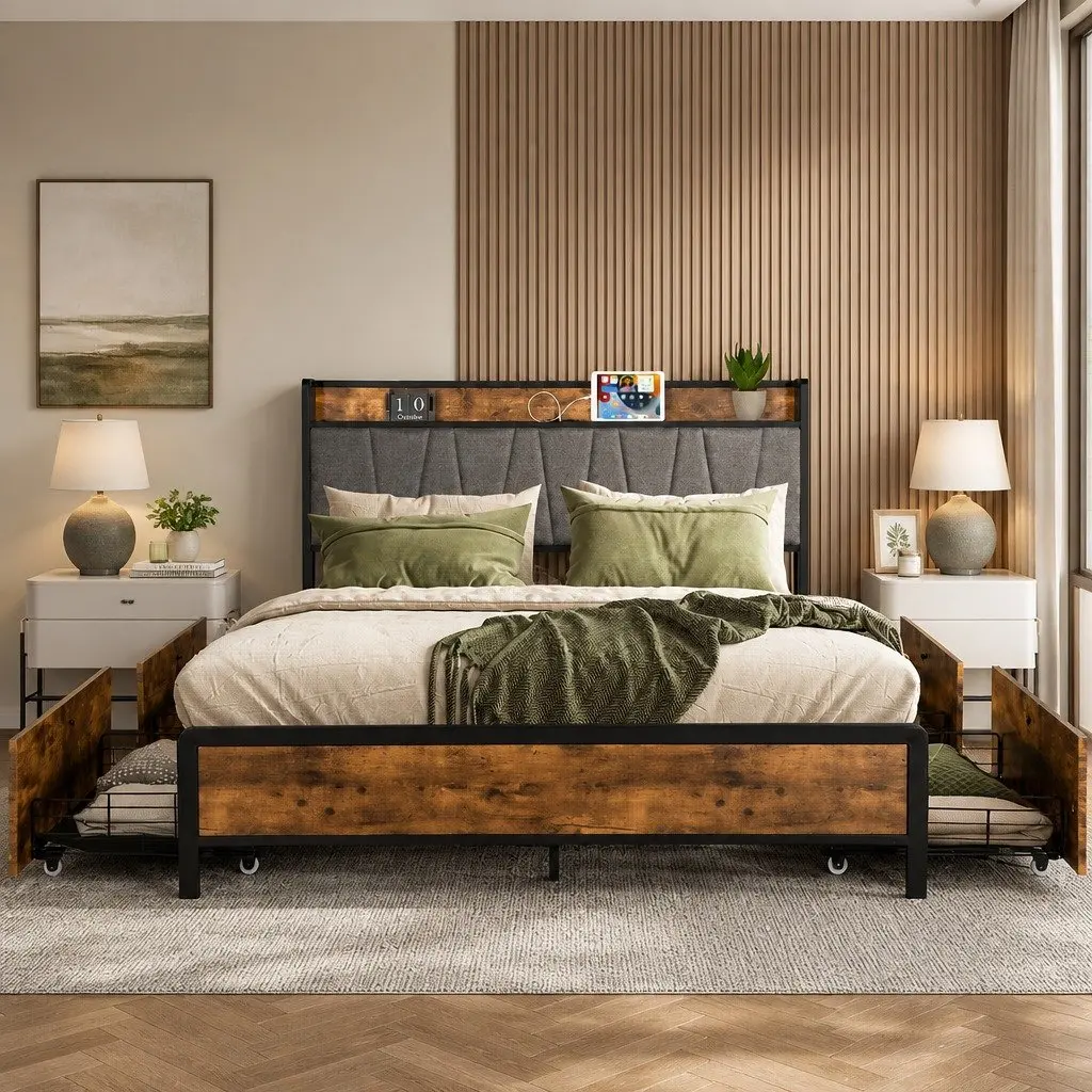 Queen Bed Frame with Storage & Charging Options