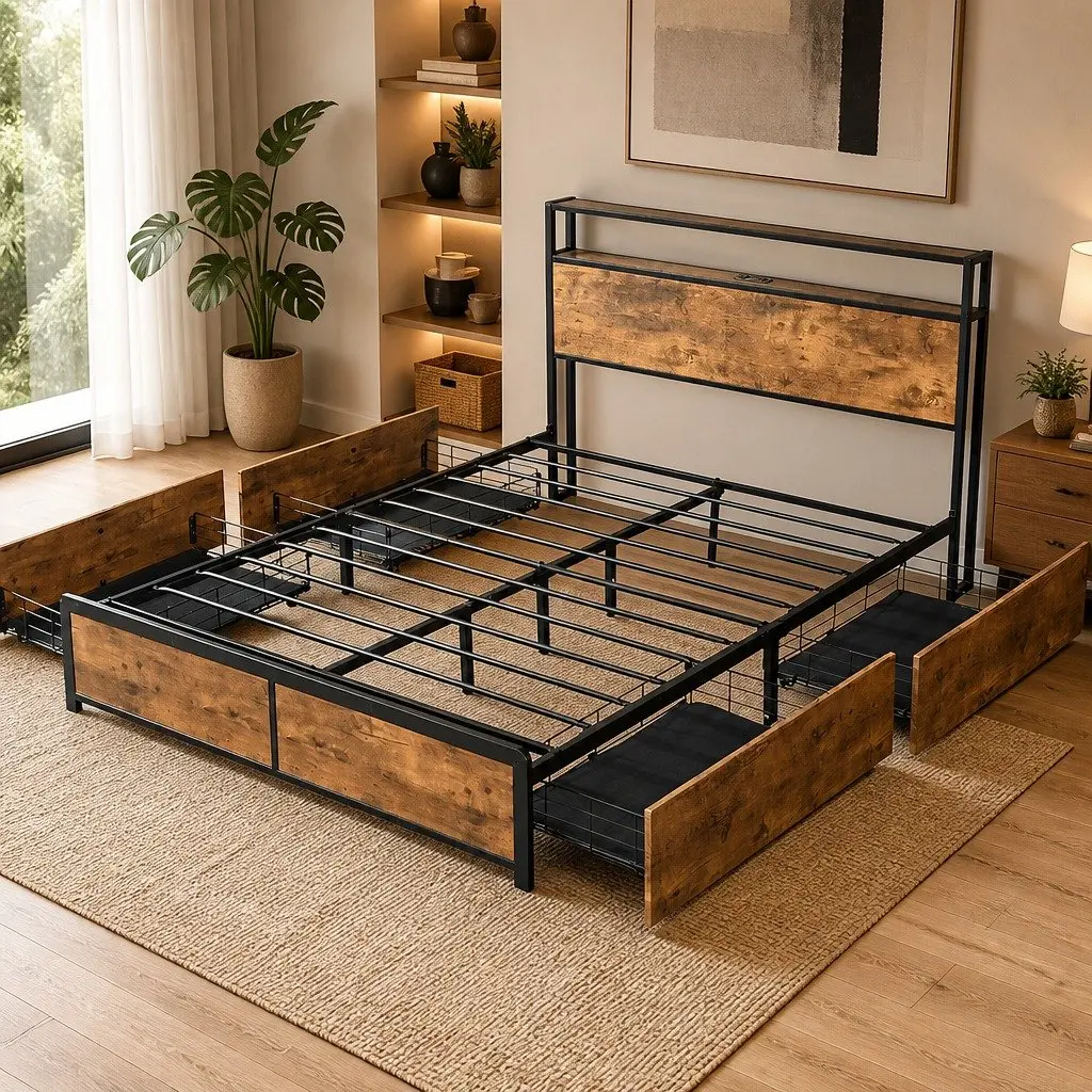 Queen Bed Frame MDF Steel with RGB LED Storage Drawers and USB Charging Headboard Brown