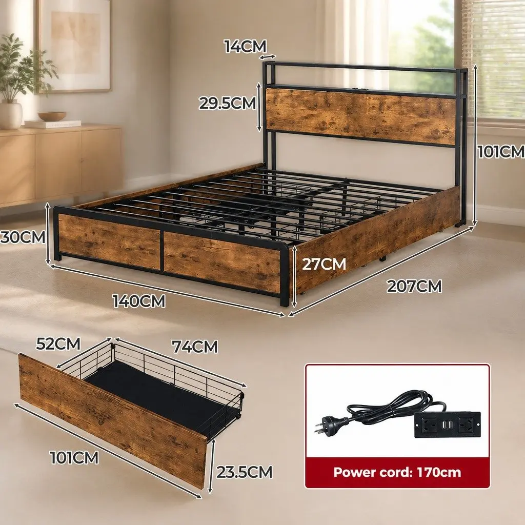 Queen Bed Frame MDF Steel with RGB LED Storage Drawers and USB Charging Headboard Brown
