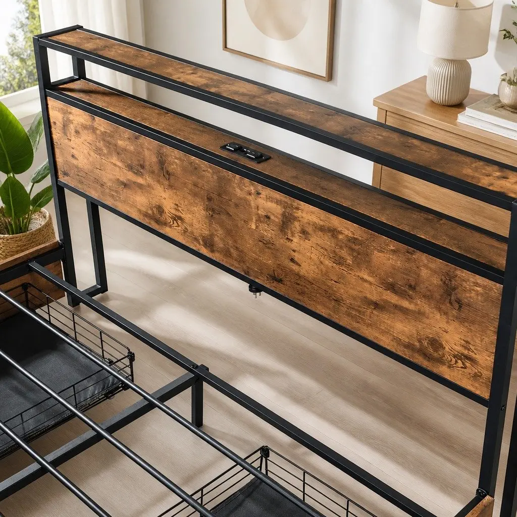 Queen Bed Frame MDF Steel with RGB LED Storage Drawers and USB Charging Headboard Brown