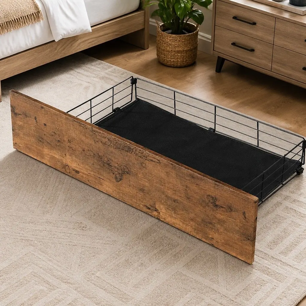 Queen Bed Frame MDF Steel with RGB LED Storage Drawers and USB Charging Headboard Brown