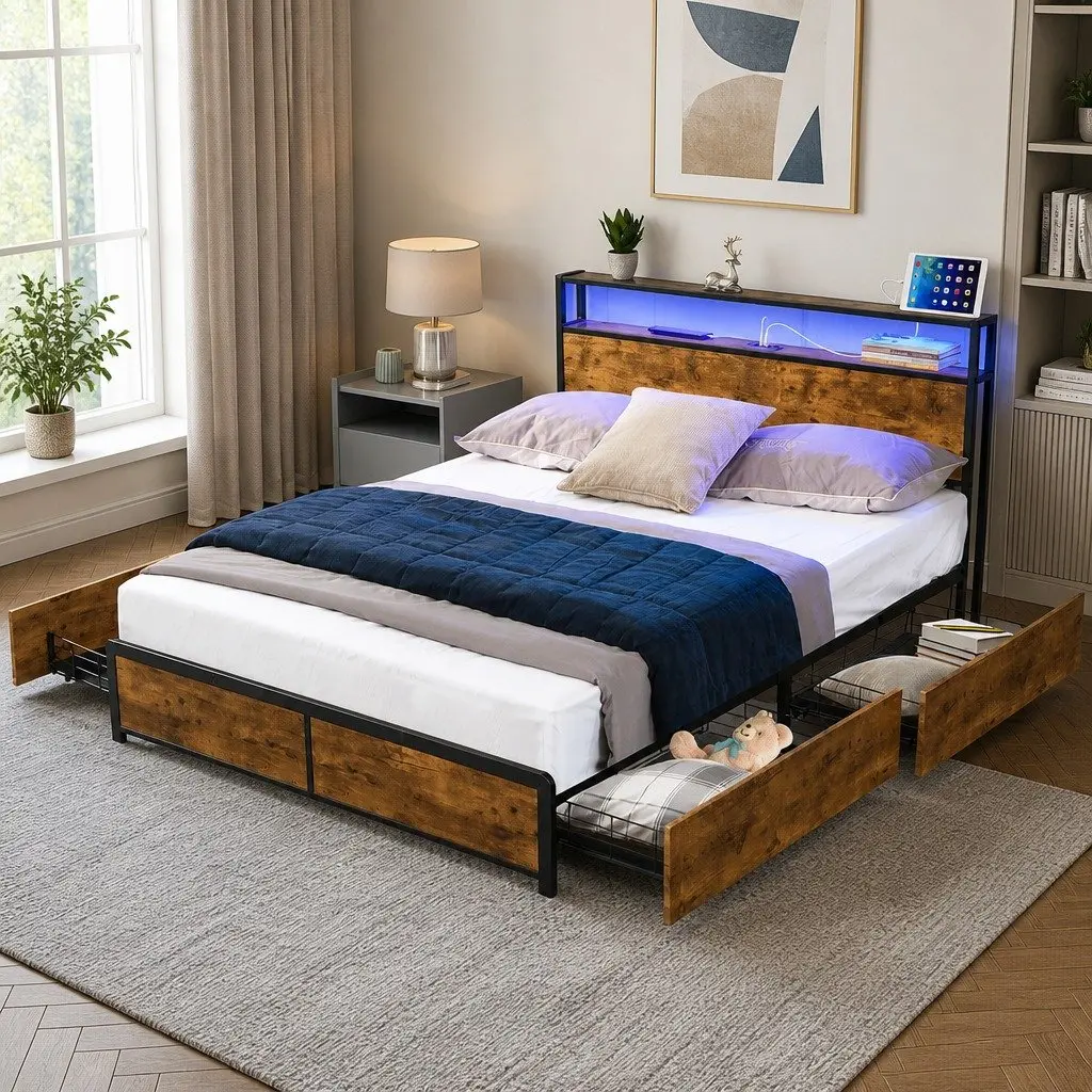 Queen Bed Frame MDF Steel with RGB LED Storage Drawers and USB Charging Headboard Brown