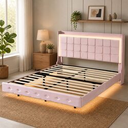 Double Floating Bed Frame with LED Light Strips USB Ports Modern Bedroom