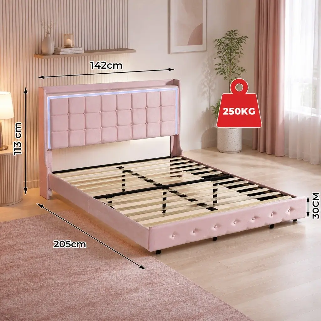 Double Bed Frame Velvet Fabric Solid Wood 205cm x 142cm x 113cm Pink