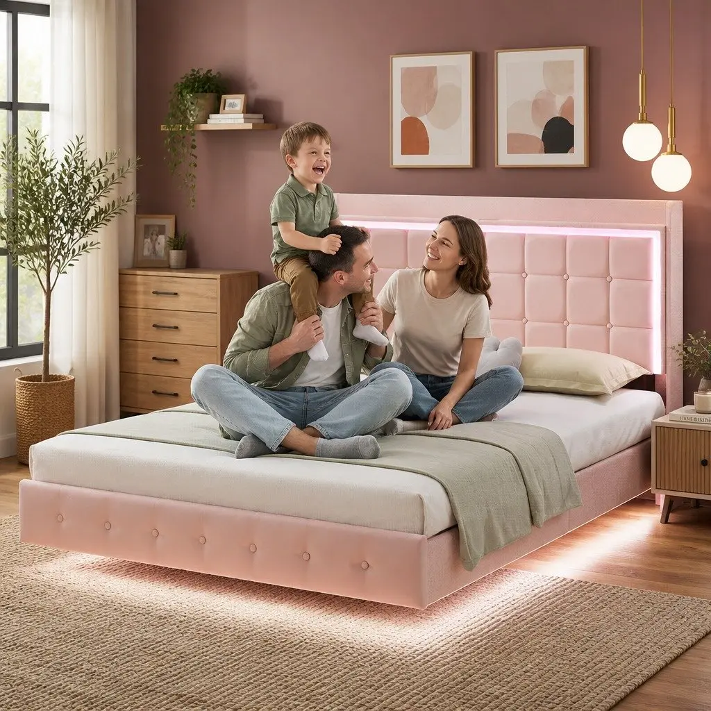 Double Bed Frame Velvet Fabric Solid Wood 205cm x 142cm x 113cm Pink